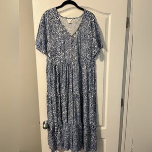 intro. Blue Floral Maxi Dress with Button Front
